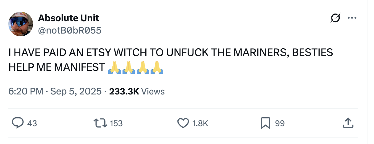 Tweet screenshot related to the Mariners' witch era